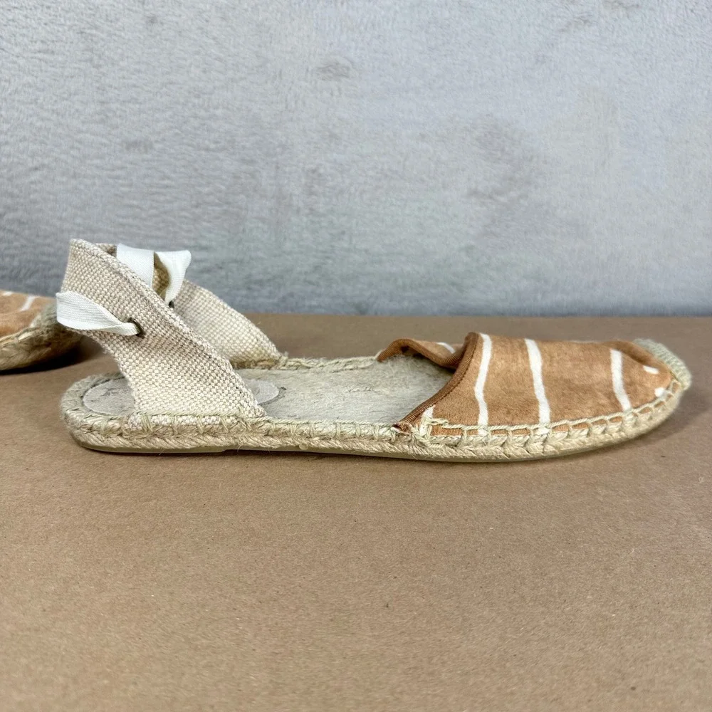 Soludos Espadrille Flats Womens 9 Tan Striped Calf Hair Ribbon Tie Coastal Boho